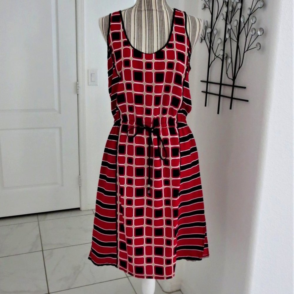 MK Sleeveless Geo Print Dress Red Tan Black White
